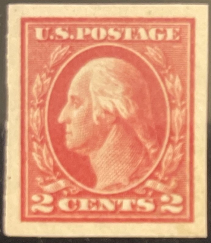 Scott #482 1916 2¢ G. Washington flat plate imperf unused hinged XF/S centering