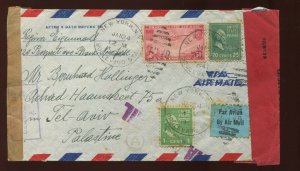 1941 CENSORED 71 CENT AIRMAIL RATE COVER TO TEL AVIV PALESTINE C22 & PREXYS
