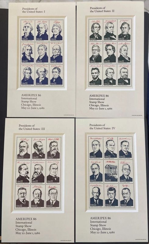 Ameripex '86 President Souvenir Sheets Sc# 2216-2219, FV $7.98