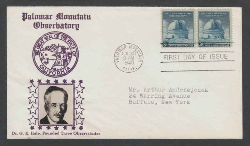 US Planty 966-23 FDC. 1948 3c Palomar Observatory, Crosby Photo cachet addressed