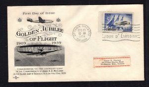 Canada #383 (1959 Silver Dart First Flight issue) addressed Rosecraft cachet FDC