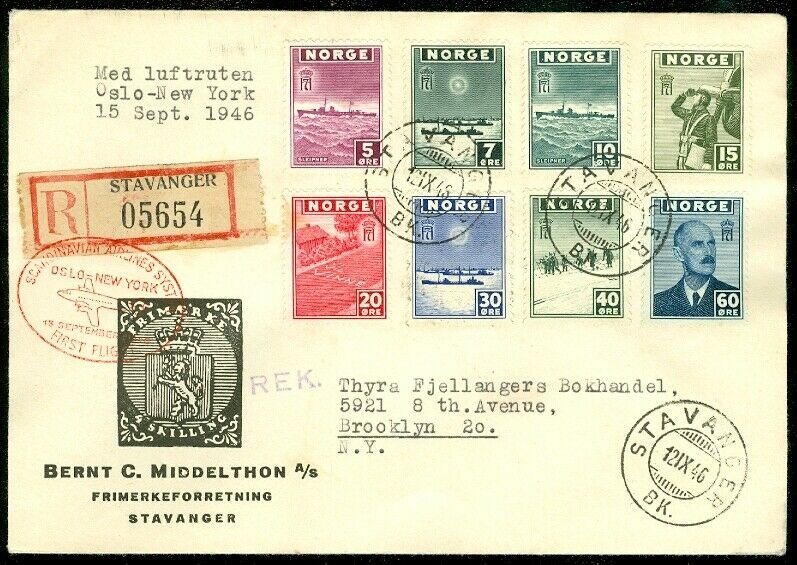 EDW1949SELL : NORWAY Sc #259-66 Complete set on 1946 Reg First Flight Air cover