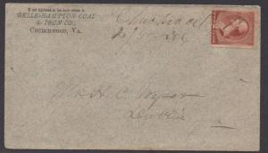 **US 19th Century Advertising Cover, Scott #210, Churchwood, VA , 2/5/1886, DPO5