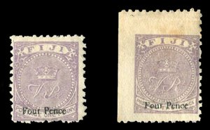 Fiji #47-48 Cat$175, 1878-90 4p on 1p and 4p on 2p, disturbed gum, the latter...