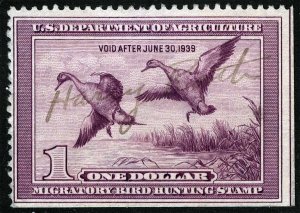 US Sc RW5 Violet $1.00 1938 Used M/S Signature Duck Hunting Permit Stamp