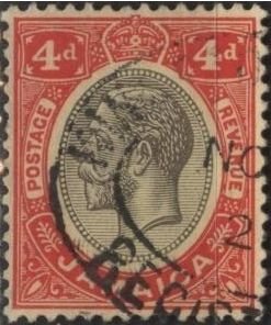 Jamaica 66 (used) 4p George V, scar & black on yellow paper (1913)