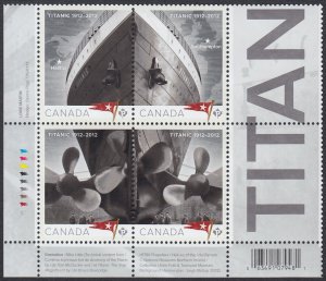 Canada 2012 #2534a MNH = TITANIC = LL block of 4 with labels
