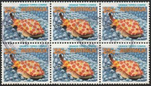 Australia #907 1984 25c Orange-tipped Cowrie USED-VF-NH. Block of 6