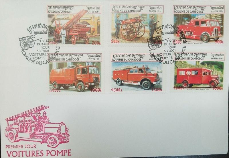 L) 2001 Camboya, camión de bomberos, coche de colección, coches viejos, varios sellos, Rojo 