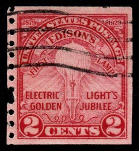 U.S. Scott #656: 1929 2¢ Edison’s First Lamp coil, Used, F