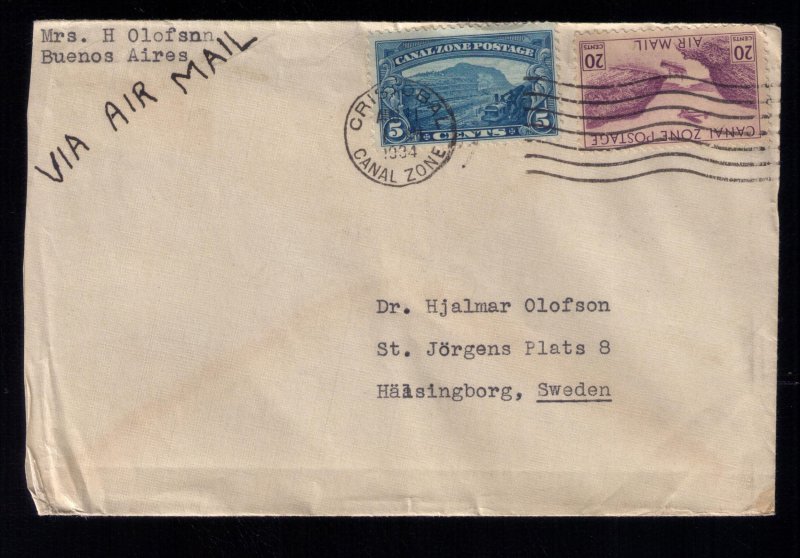 US Canal Zone Sc#C11 , Sc #107 Postal Cover 1934 Christobal To Sweden (Europe):