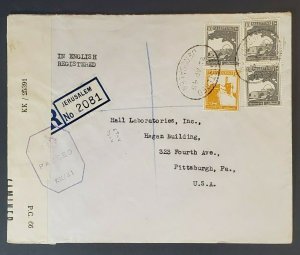 1945 Palestine to Pittsburgh PA Registered Censorship Commercial Air Mail Cover