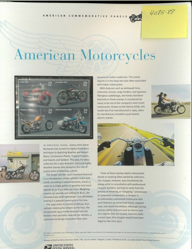 USPS COMMEMORATIVE PANEL #774 AMERICAN MOTORCYCLES #4085-4088