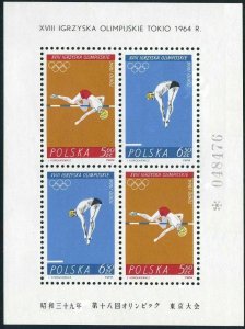 Poland 1263-1264a sheet,hinged.Mi Bl.34. Olympics Tokyo-1964.High jump,Diving.