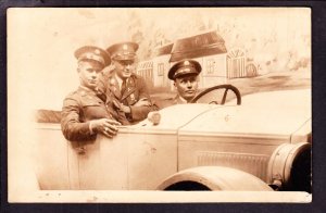 US 3 Soldiers in Car on Real Photo Post Card Souvenir