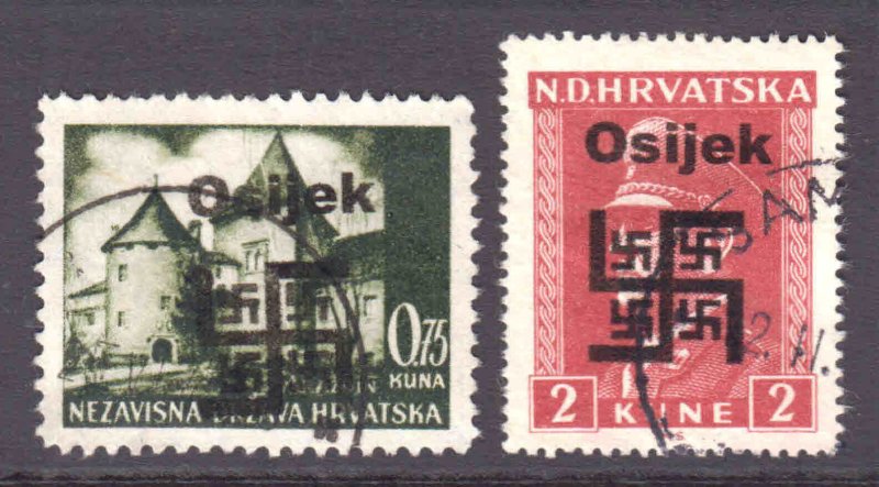 CROATIA 1945 LOCAL OSIJEK OVERPRINTS CDS VF SOUND x2