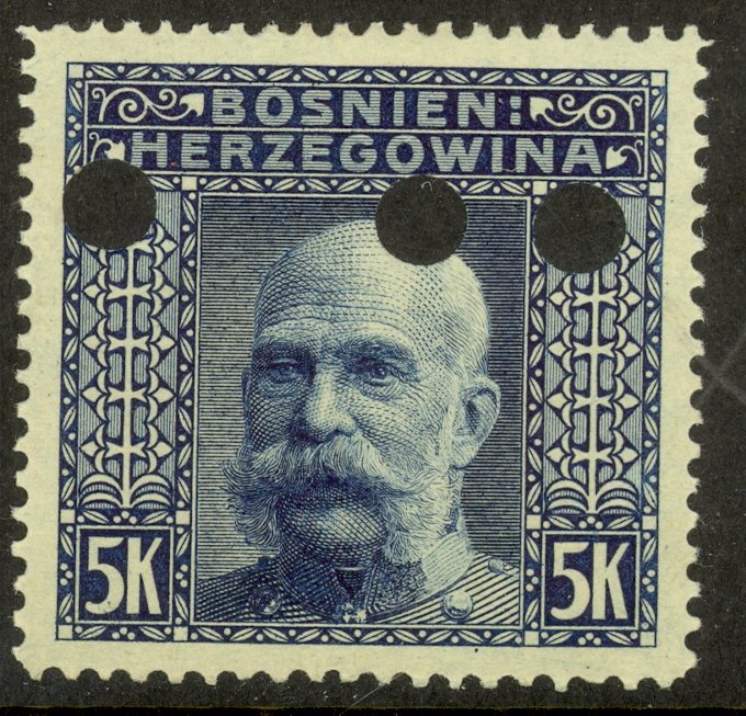 BOSNIA AND HERZEGOVINA 1906 5K FRANZ JOSEPH Invalidation Punch Holes Sc 45 MH