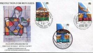 UN  WFUNA 1994 REFUGEE TRIPLE COMBO FDC CACHET ART BY RUDOLF MIRER