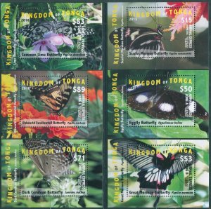 Tonga express 2015 SGE13-E16 SGE18-E19 Butterflies (6) MS MNH