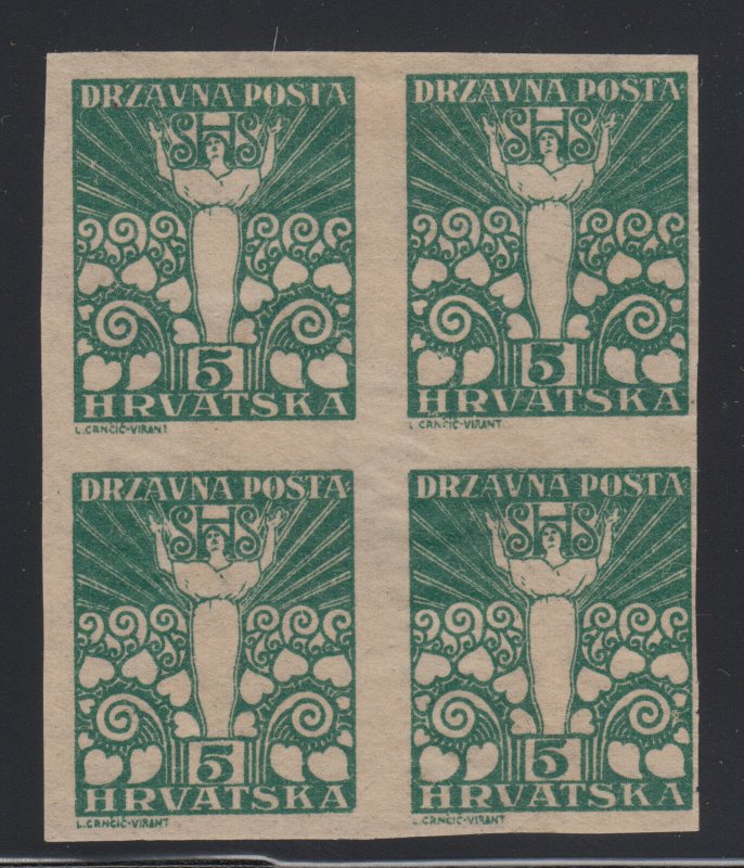 Yugoslavia Sc 2L34, Mi 90U MLH. 1919 5f Croatia-Slavonia imperf block of 4