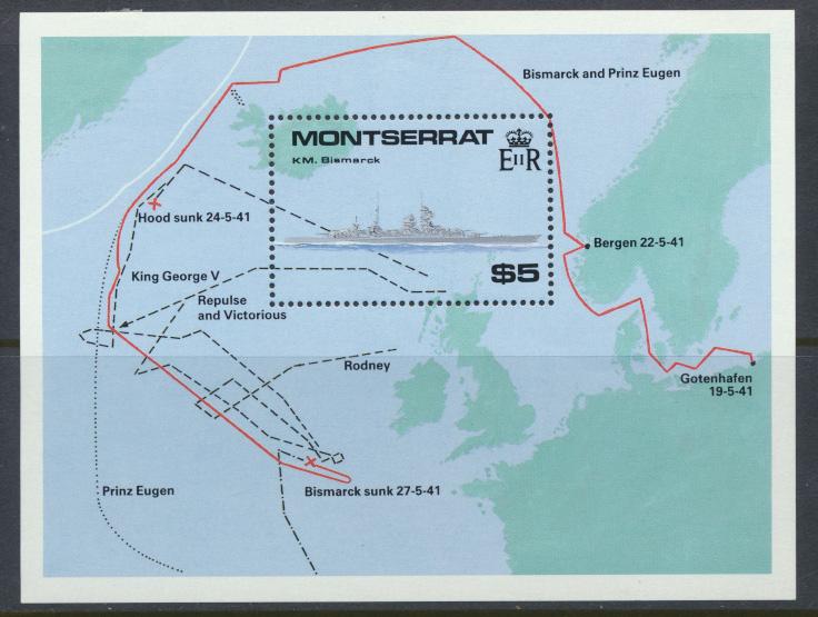 Montserrat    SG  MS813  SC#735 World War II Ships Bismark Maps 1990