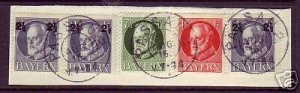 Bavaria, Sc 97,100,115, used on piece, 1916 usage, surcharge shifted on 3 stamps