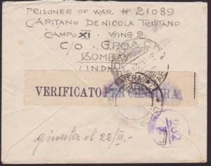 INDIA 1942 P.O.W. cover to Italy ex Camp 11 Passed Censor................6468