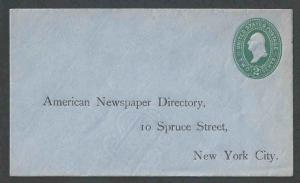 1874 U314 2c Green On Blue Mint Entire Die 88 size 7 Preaddressed To American---