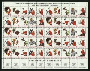 Sweden Christmas Seal 1973/74 Unfolded Mnh Full Sheet. Santa,Cat,Horse,Animals