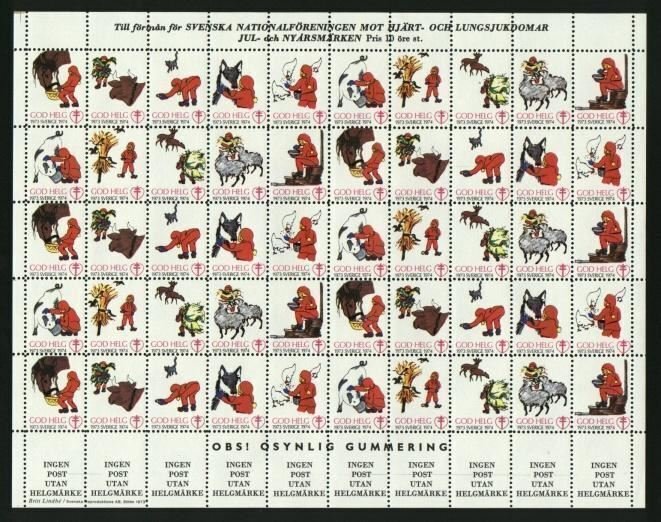 Sweden Christmas Seal 1973/74 Unfolded Mnh Full Sheet. Santa,Cat,Horse,Animals 