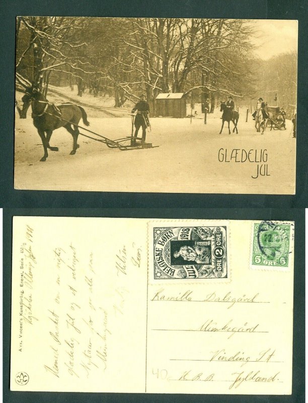 Denmark. 1918 Photo Christmas Card. Seal Belgian Children + 5 Ore. People,Horses 