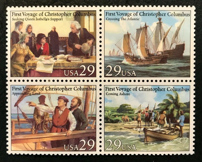 1992 First Voyage of Christopher Columbus Block Of 4 29C Stamps, Sc# 2620-2623