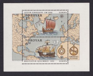 Faroe Islands #238  MNH 1992  sheet Europa . Columbus .  Viking ship