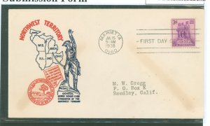 US 837 1938 3c Northwest Territory Sesquicentennial (single) on an addressed first day cover with an Aubry cachet.
