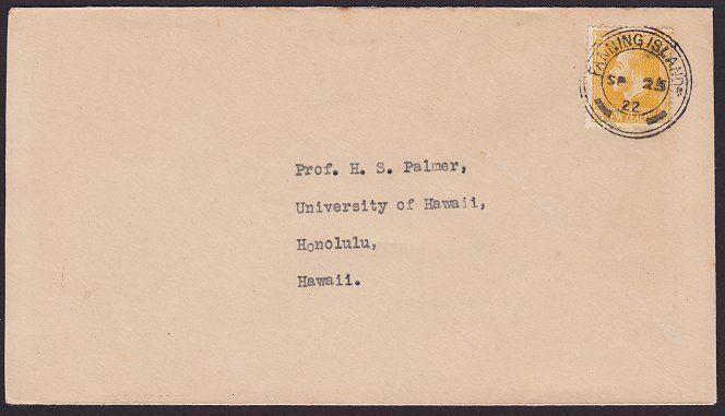 GILBERT & ELLICE IS 1922 cover to Hawaii, NZ GV 2d FANNING ISLAND cds......6185