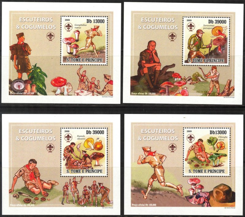 {017} Sao Tome & Principe 2009 Boy Scouts Mushrooms 4 S/S Deluxe MNH**