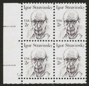 1982 Igor Stravinsky Plate Block of 4 2c Postage Stamps, Sc# 1845, MNH, OG