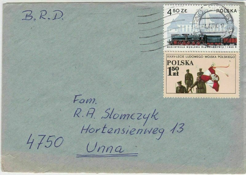 Poland 1979 Tarnoskie Cancel 2x Stamps 1x train 1xPeople Cover to Unna Ref 25615 