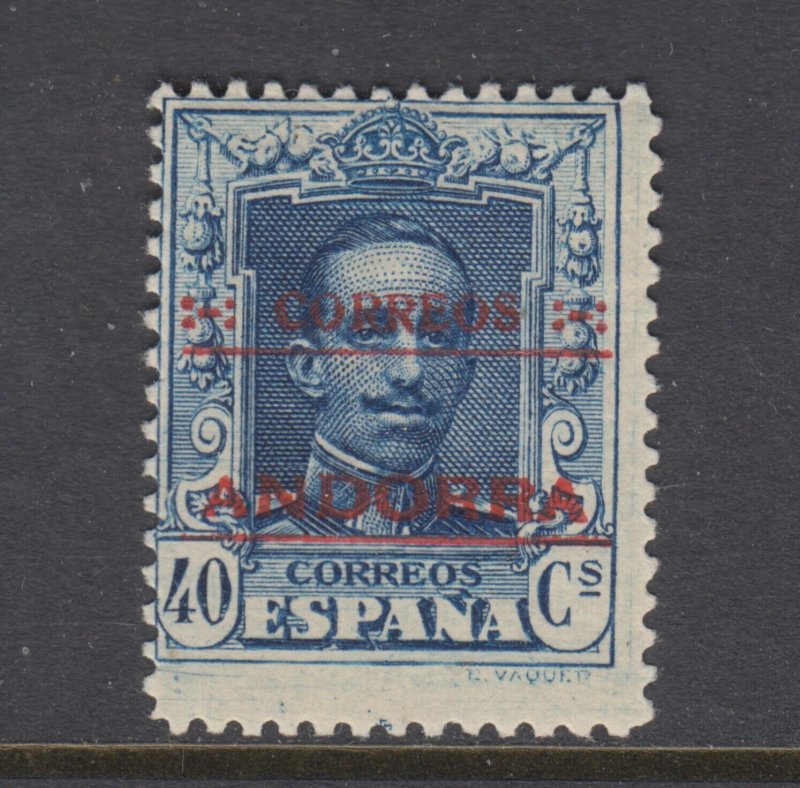 Andorra, Spanish Sc 8 MNH. 1928 40c deep blue of Spain with red ovpt, sound