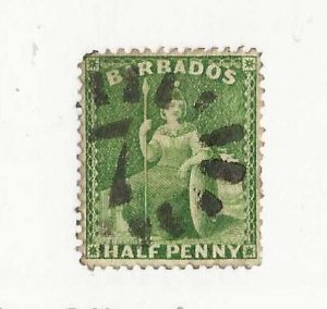 Barbados Sc #50  1/2p green  used with '7'  cancel Fine