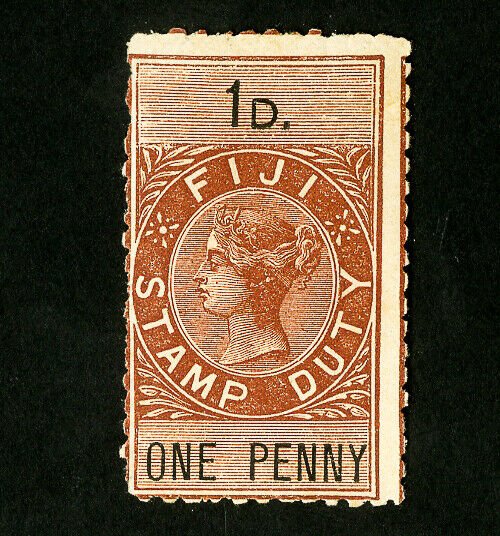 Fiji Stamps Fresh OG Hinged 1 Penny Brown & Black Stamp Duty Revenue