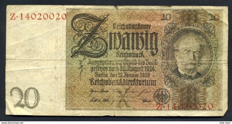 1929 Germany Banknote 20m Reichsmark (F-VF) Banknote Reichsbanknote With Faults