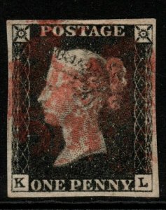 GB SG2 PLATE 5 1840 1d BLACK KL 4 MARGINS USED 