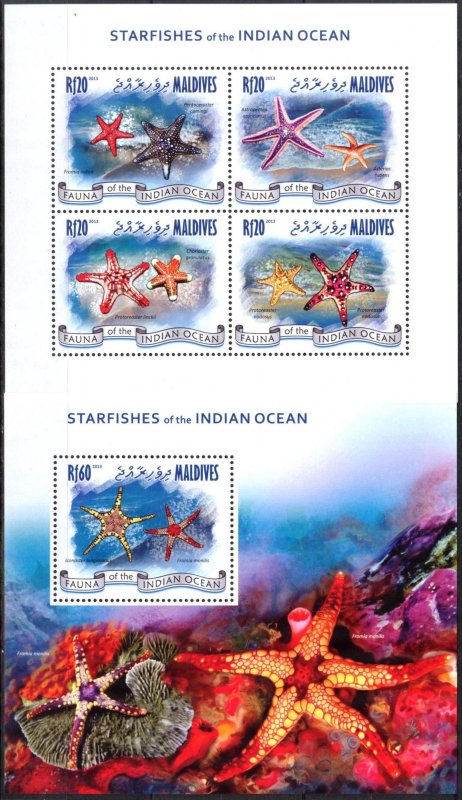 Maldive Islands 2013 Marine Life Sea Stars Starfishes Sheet + S/S MNH