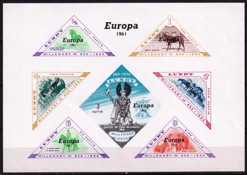 Lundy 1961 Europa Overprint on Millenary issue Horses S/S MNH Private
