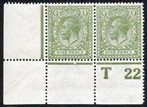 SG393a 9d Olive Green wmk Royal Cypher Control T22 (p) U/M PAIR