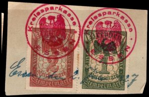 Vintage Germany Prussia Revenue 1 & 2 Marks General Stamp Duty w/Official Cancel