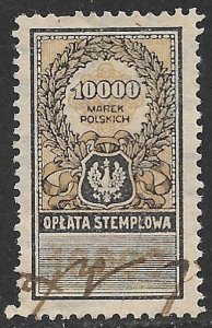 POLAND 1923 10000m Perf. 11 Wavy Lines Wmk General Duty Revenue Bft.46 Used