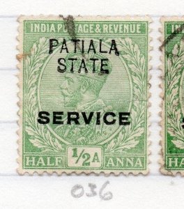 Indian States Patiala 1913-26 Early Issue Fine Used 1/2a. Optd 203591