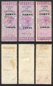 Ceylon Foreign Bill BF43 40c on 1R20 Violet and Green 1st 2nd and 3rd Exchange